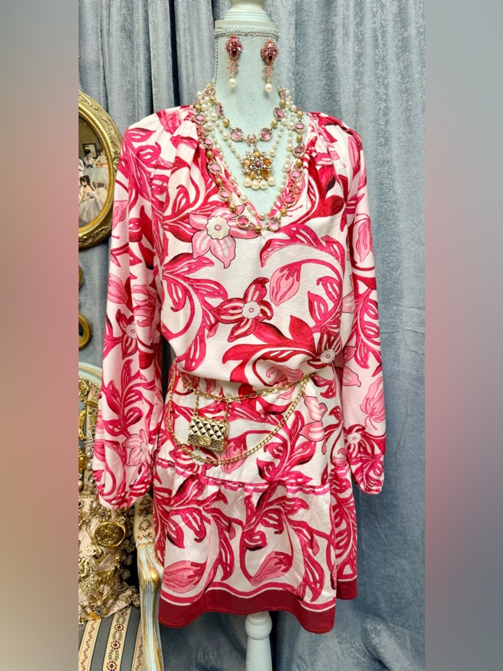 Pink & White Floral V-Neck Tunic Dress
